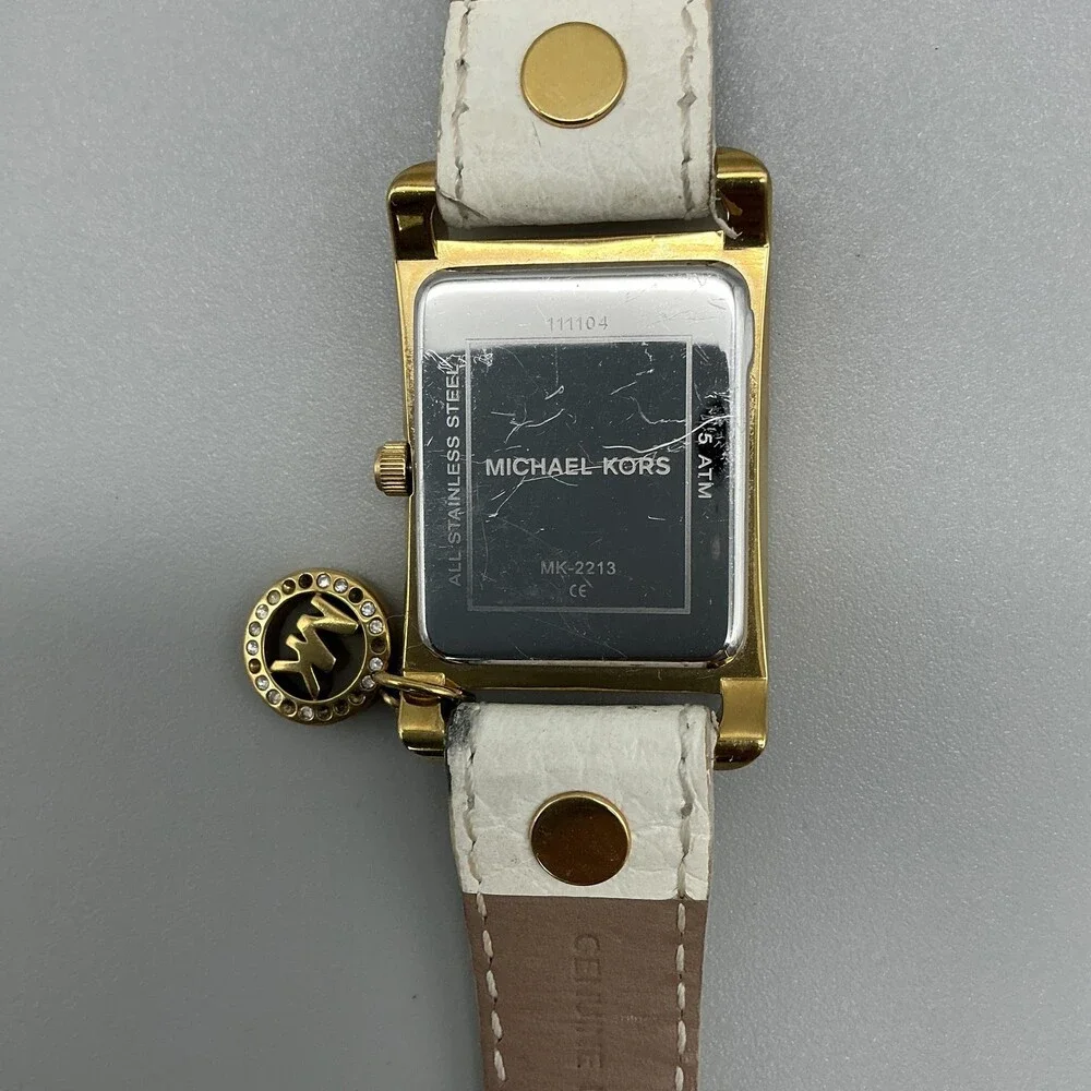 Michael Kors Womens Watch 26mm Gold Dial Crystala Leather MK-2213 New Battery